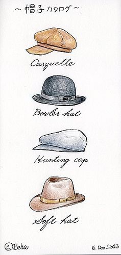 an image of hats in different colors and sizes on a white paper background with japanese writing