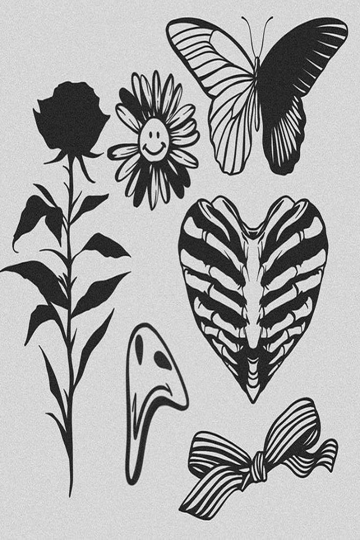 some black and white images with flowers and butterflies