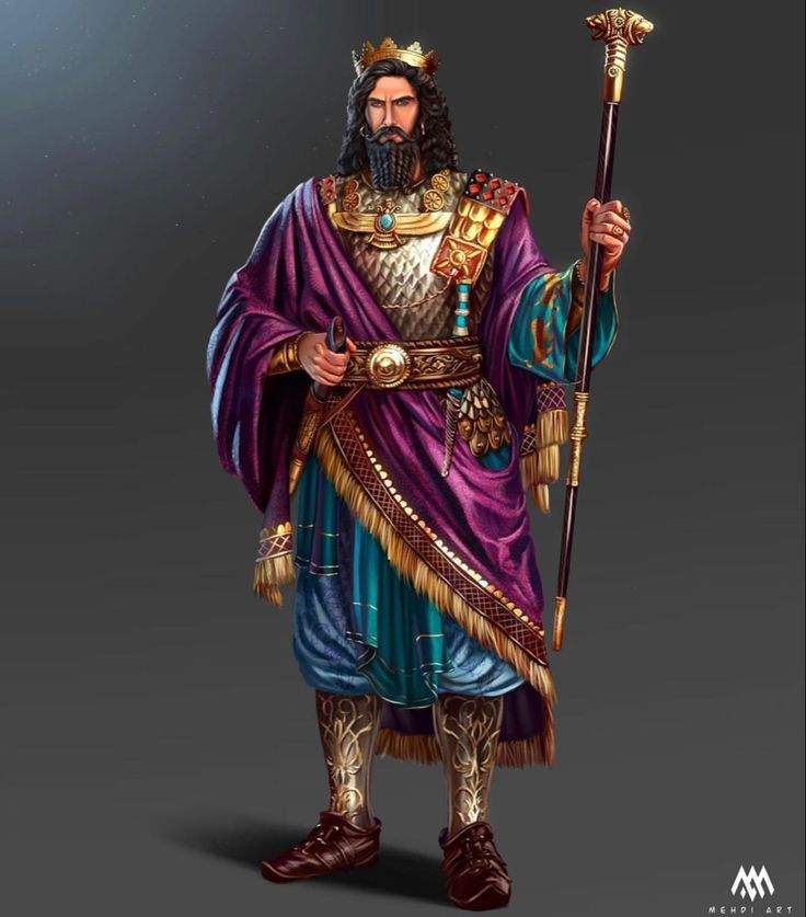 an image of a man with a staff in his hand and wearing a purple outfit