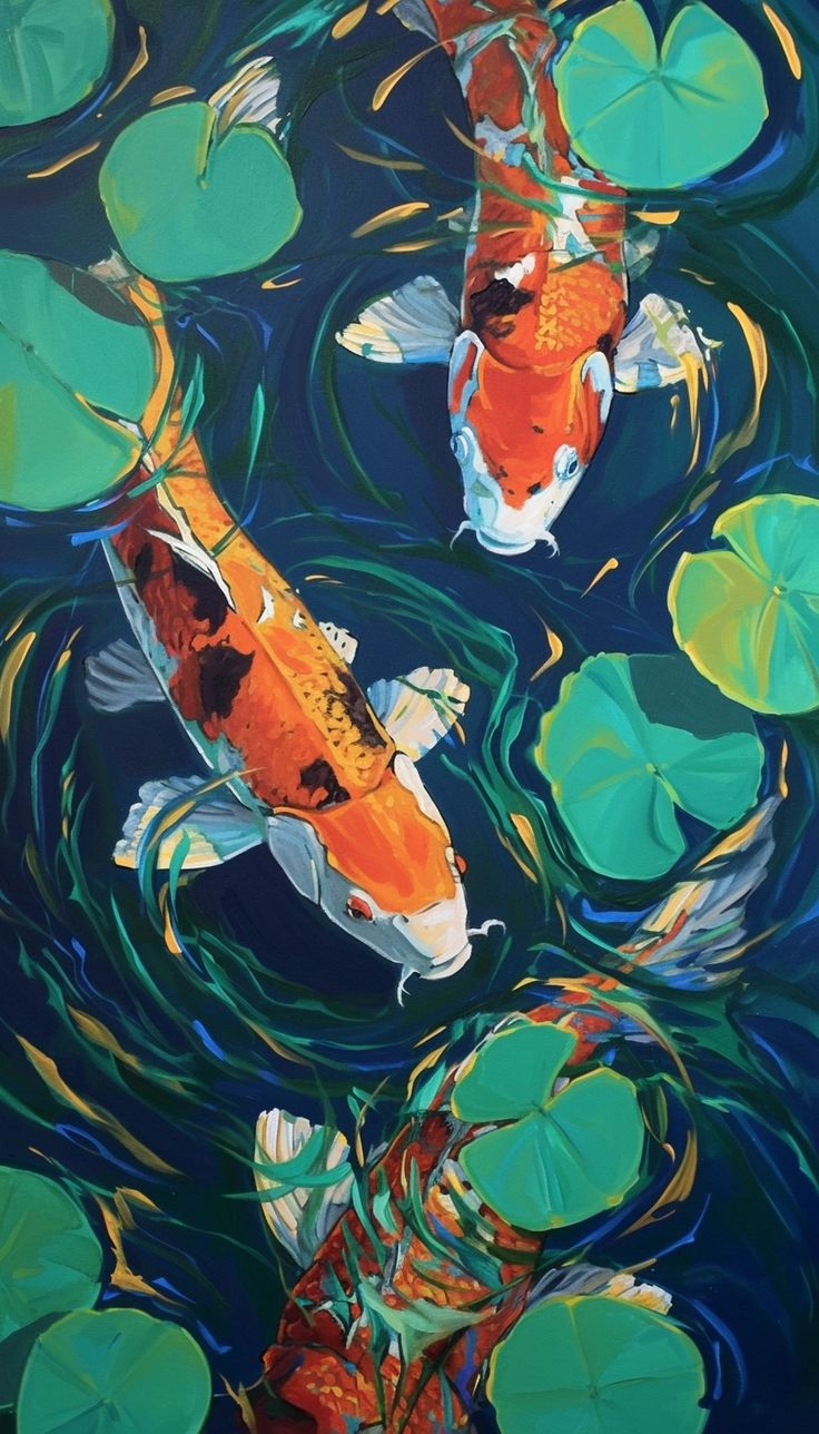 two koi fish are swimming in the water with lily pads on the bottom and above them