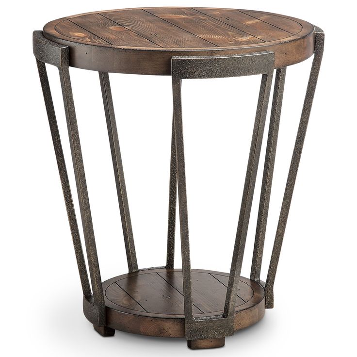 a round wooden table with metal legs and a wood shelf on the bottom that is holding a magazine rack