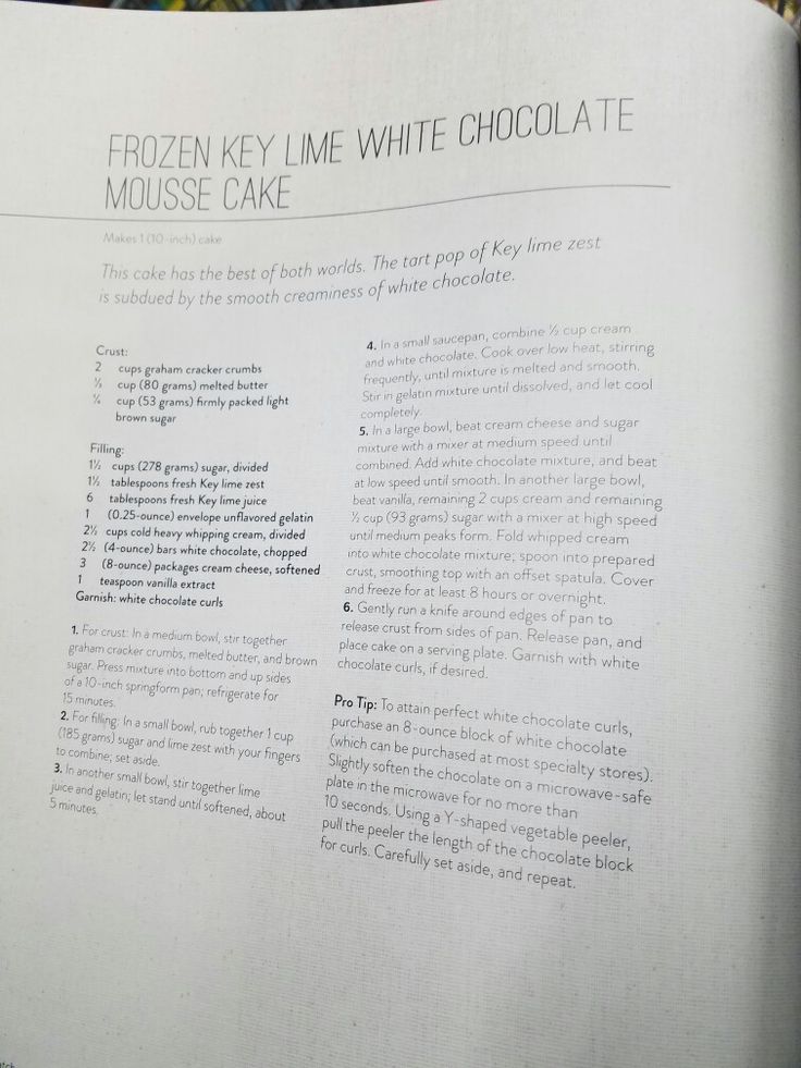 an open book containing information about the frozen key lime white chocolate cake, with instructions on how to make it