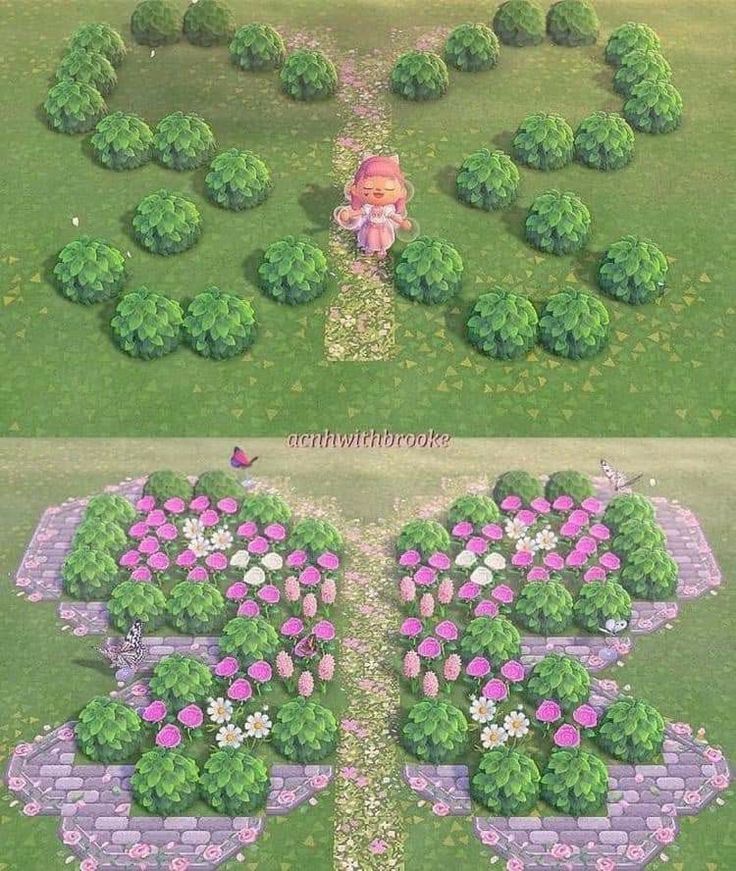 two different views of the same area with flowers and plants in it, one is pink