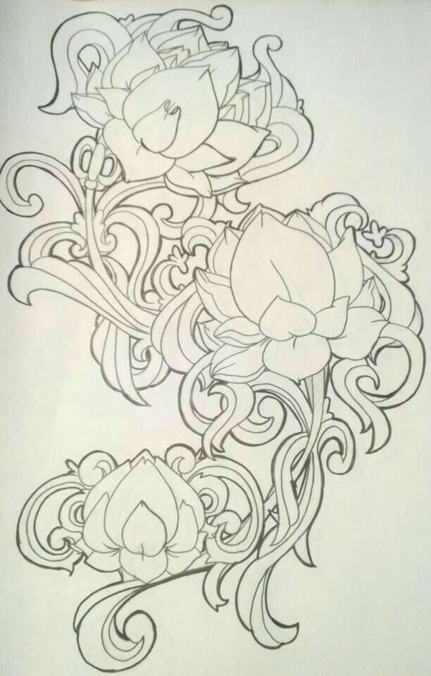 a drawing of flowers with swirls and leaves on it's side, in black ink