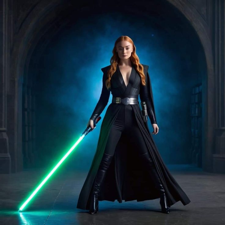 a woman in black outfit holding a green light saber