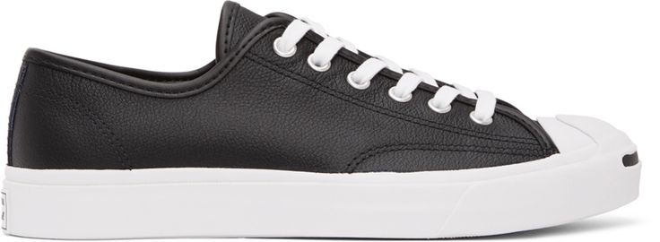 Low-top grained leather sneakers in black. Round rubber cap toe in white featuring stripe in black. Lace-up closure in white. Eyelet vents at inner side. Textured rubber midsole in white featuring logo patch at heel. Treaded rubber outsole in white. Silver-tone hardware. Supplier color: Black/White/White | Converse Black Leather Jack Purcell OX Sneakers Jack Purcell, Converse Black, White Converse, White Eyelet, White White, Ox, White Silver, Luxury Streetwear, Leather Sneakers