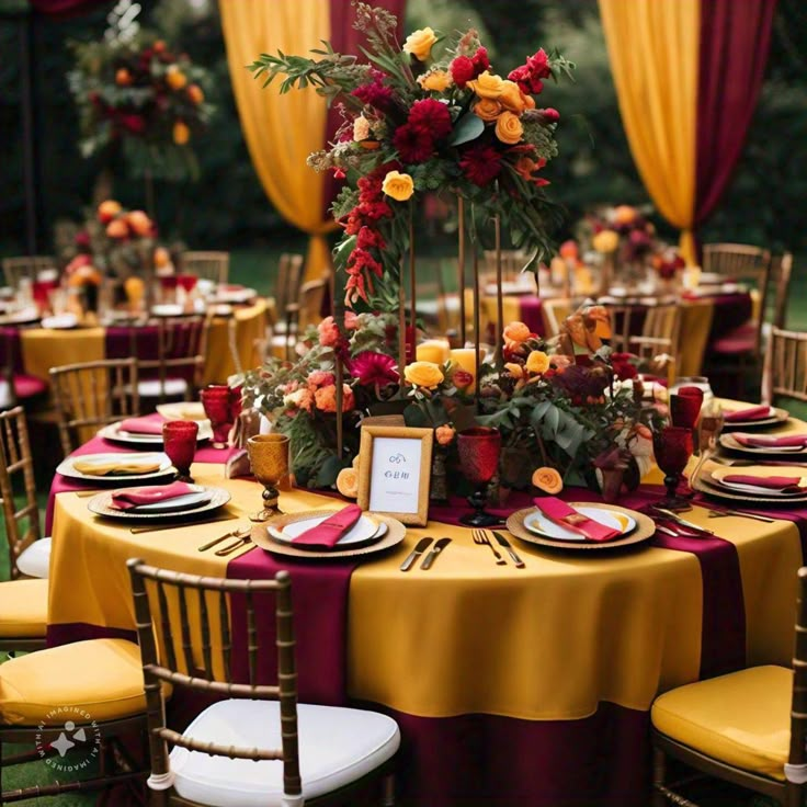 the table is set with red and yellow flowers, gold chargers, and place settings