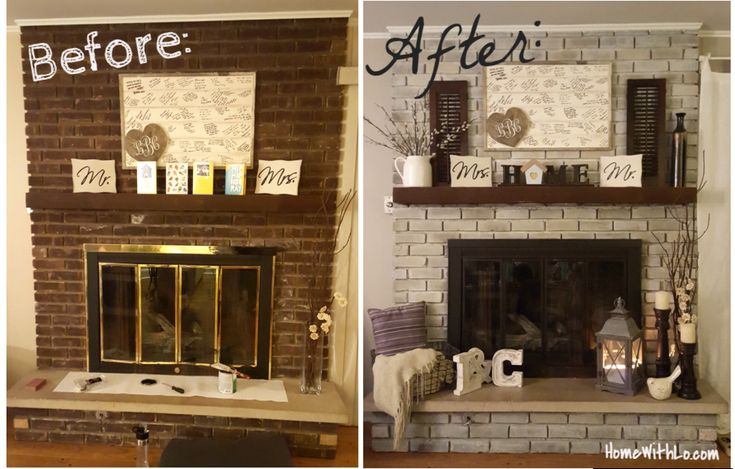 before and after pictures of a brick fireplace with white paint on the mantels