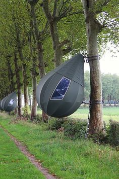 an upside down tent sitting in the middle of a forest next to a tree lined path