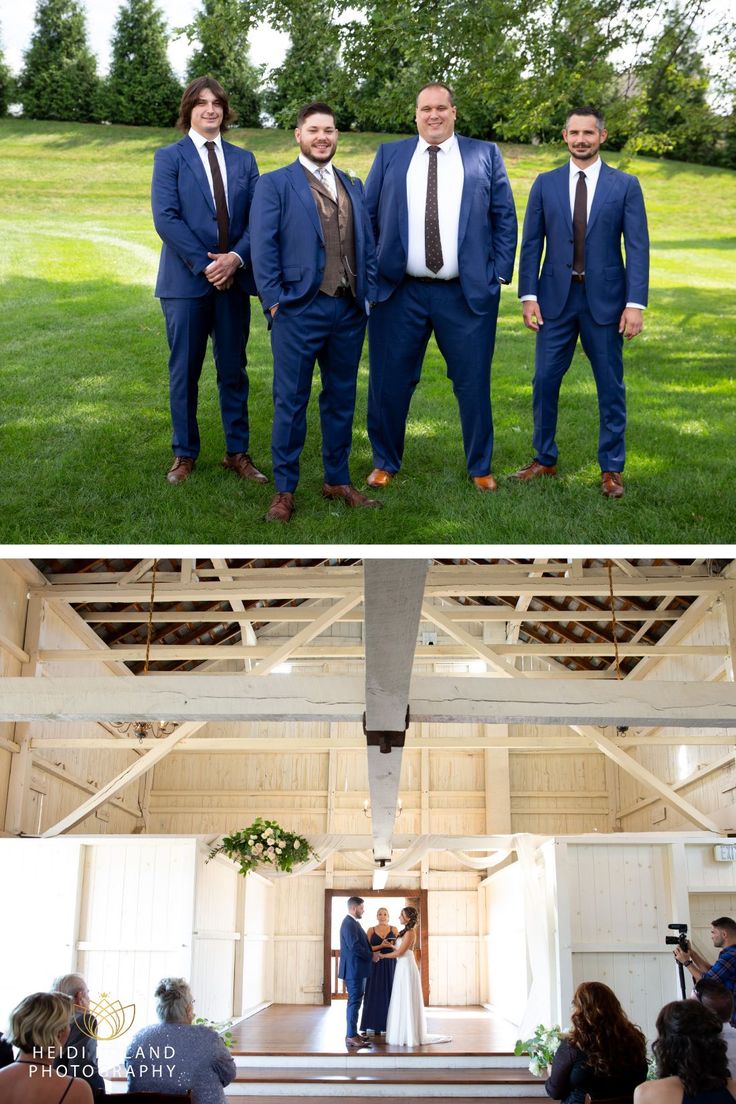 three men in suits standing next to each other at a wedding ceremony, and the groom is getting ready to walk down the aisle