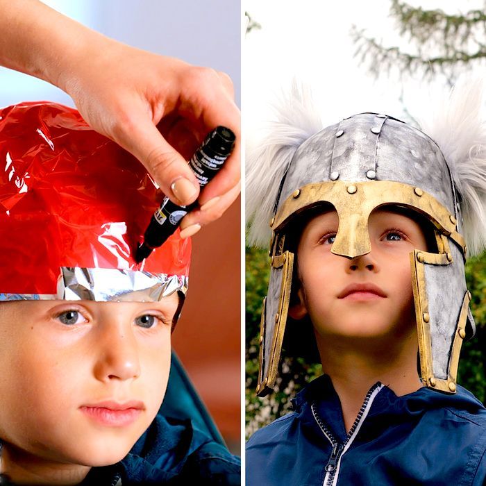 two pictures one with a helmet and the other with a feathered headdress