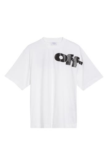 a white t - shirt with black letters on the chest and an off print on the front