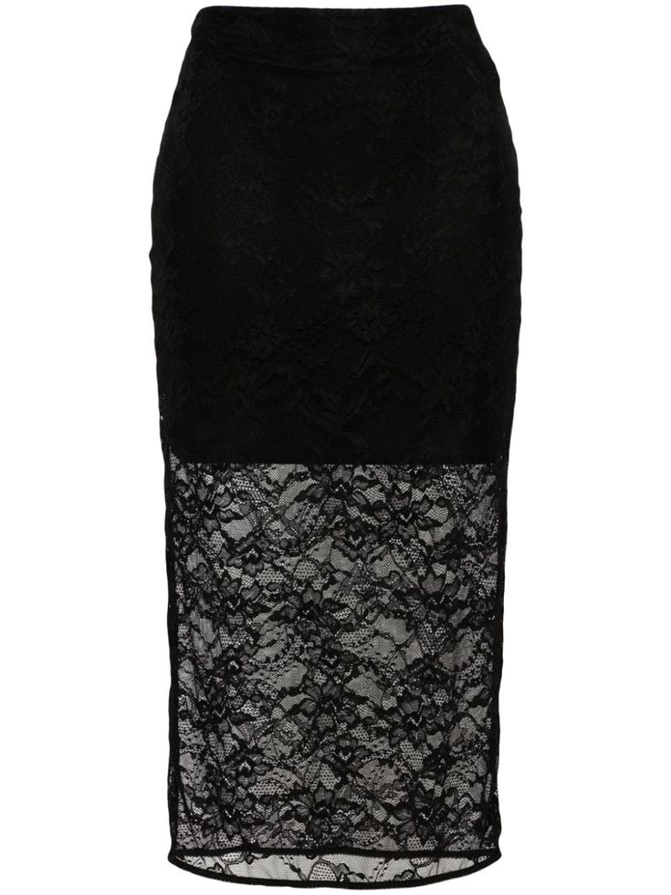 black rebrodé lace elasticated waistband slip-on style sheer fitted waistline removable underskirt straight hem mid-length Lace Midi Skirt, Lace Pencil Skirt, Yoko London, Chanel 2, Pencil Skirt Black, Iconic Bags, Demi Fine Jewelry, Lace Midi, Exclusive Fashion