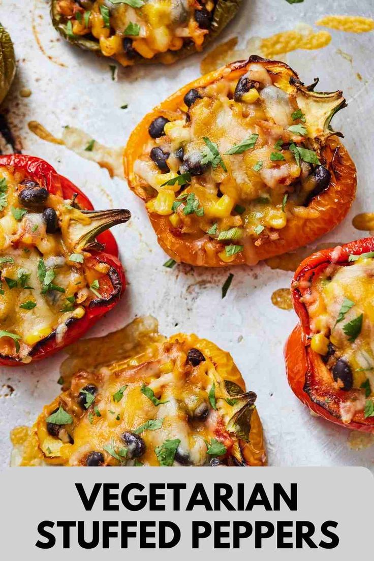 vegetarian stuffed peppers on a baking sheet with text overlay that reads, vegetarian stuffed peppers