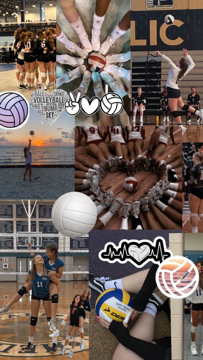 collage of volleyball players in various poses and words on the sidelines, with images of women playing volleyball