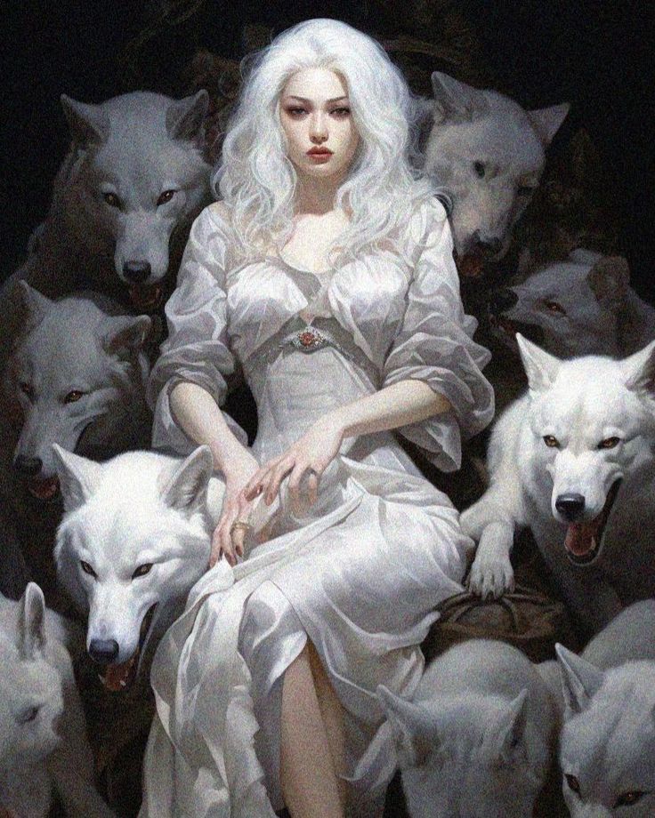 a painting of a woman surrounded by white wolfs, with her hands on her knees