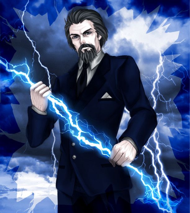 a man in a suit holding a lightning bolt