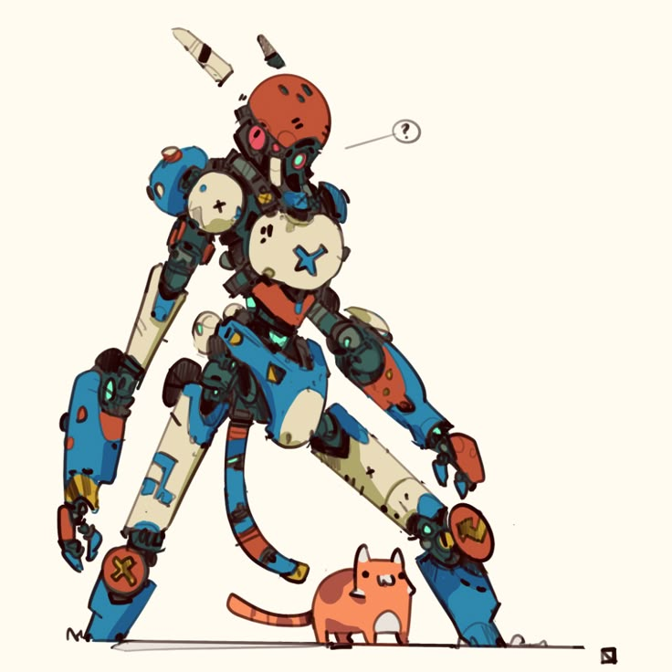 the robot is standing next to a cat