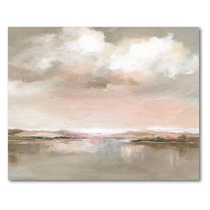 an abstract painting with pink and grey clouds in the sky above water, on a white background