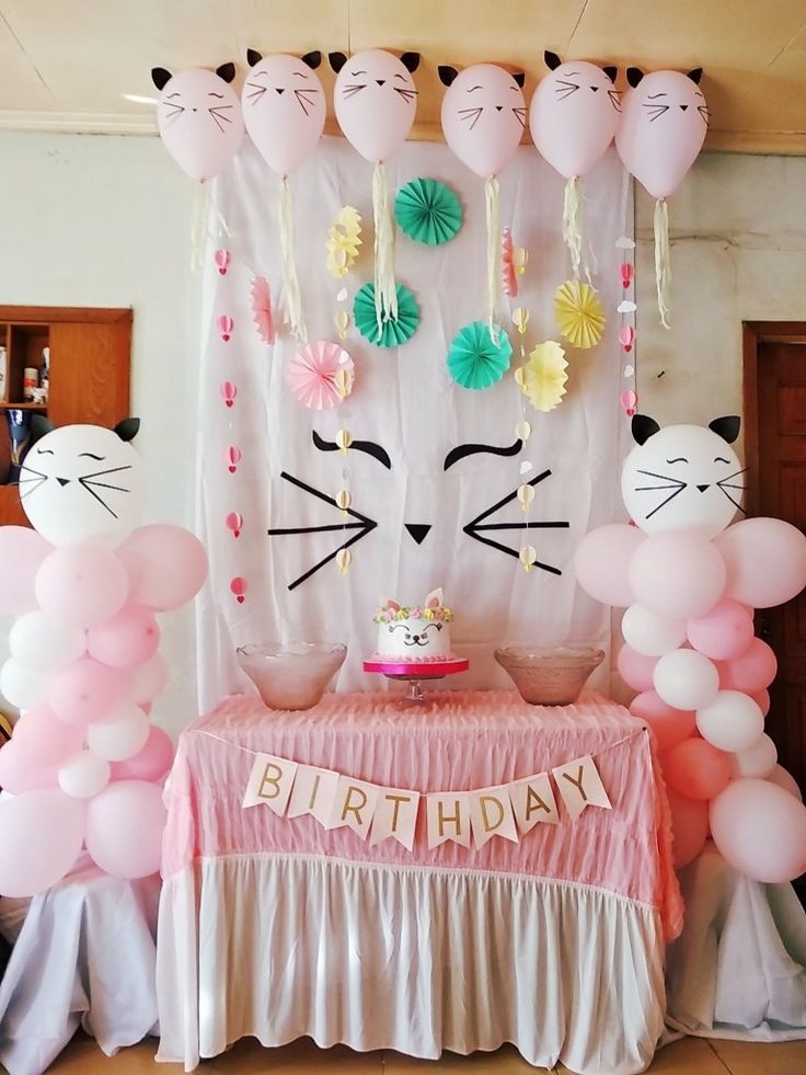 a cat themed birthday party with balloons and decorations