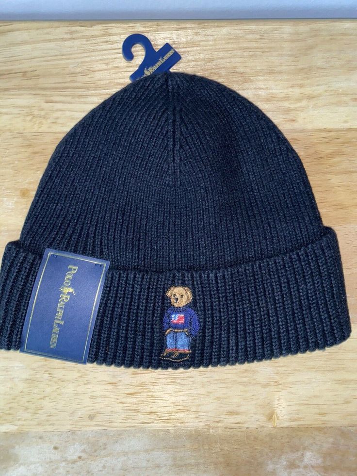 ralph lauren polo bear beanie black hat cap. Casual Black Beanie With Short Brim, Casual Beanie With Embroidered Logo, Casual Adjustable Beanie With Embroidered Logo, Ralph Lauren Polo Bear, Sick Clothes, Bear Beanie, Polo Hat, Beanie Black, Bear Hat