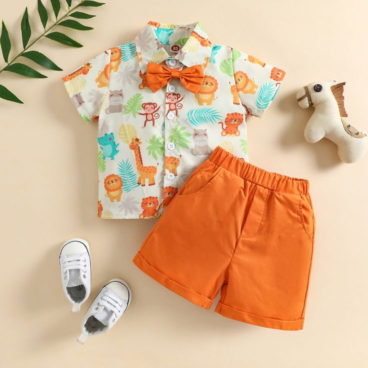 Boy Graphic Animal Print Orange Shorts Outfit - Momorii Summer Sets With Cartoon Print And Shorts, Orange Cotton Summer Shirt, Summer Orange Cotton Shirt, Fun Cartoon Print Short Sleeve Sets, Cute Collared Shirt For Summer, Cute Collared Summer Shirt, Playful Cartoon Print Shorts For Summer, Playful Graphic Print Shorts For Summer, Playful Graphic Print Summer Shorts