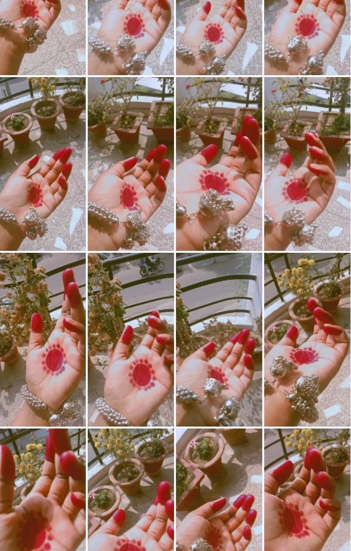 many pictures of hands with red nail polish on them