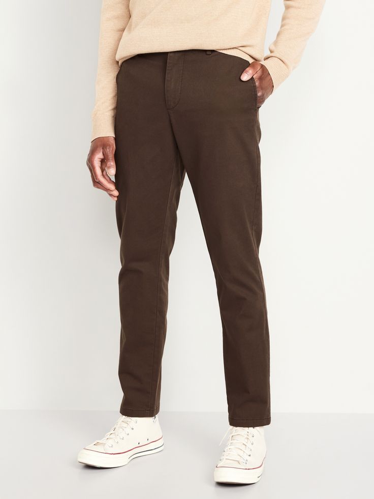 contoured waistband button closure belt loops zip fly hip pockets back welt pockets with button closure at left slim thigh and leg hits below ankle model is approx.  6'1" and wears size 32w x 32lmachine wash according to the care instruction label Classic Cargo Pants With Welt Pockets For Fall, Classic Brown Straight Bottoms, Classic Straight Leg Cargo Pants For Fall, Brown Tapered Leg Bottoms With Button Closure, Cotton Pants With Side Pockets And 5-inch Inseam, Fitted Mid-rise Pants With Belt Loops, Business Casual Brown Straight Leg Chinos, Brown Tapered Leg Bottoms, Brown Workwear Bottoms With Five Pockets