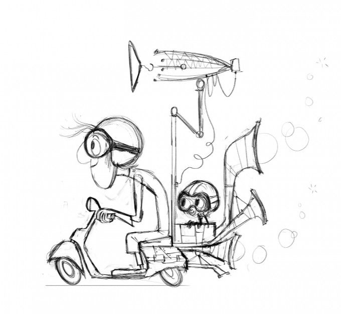 a drawing of a man driving a scooter