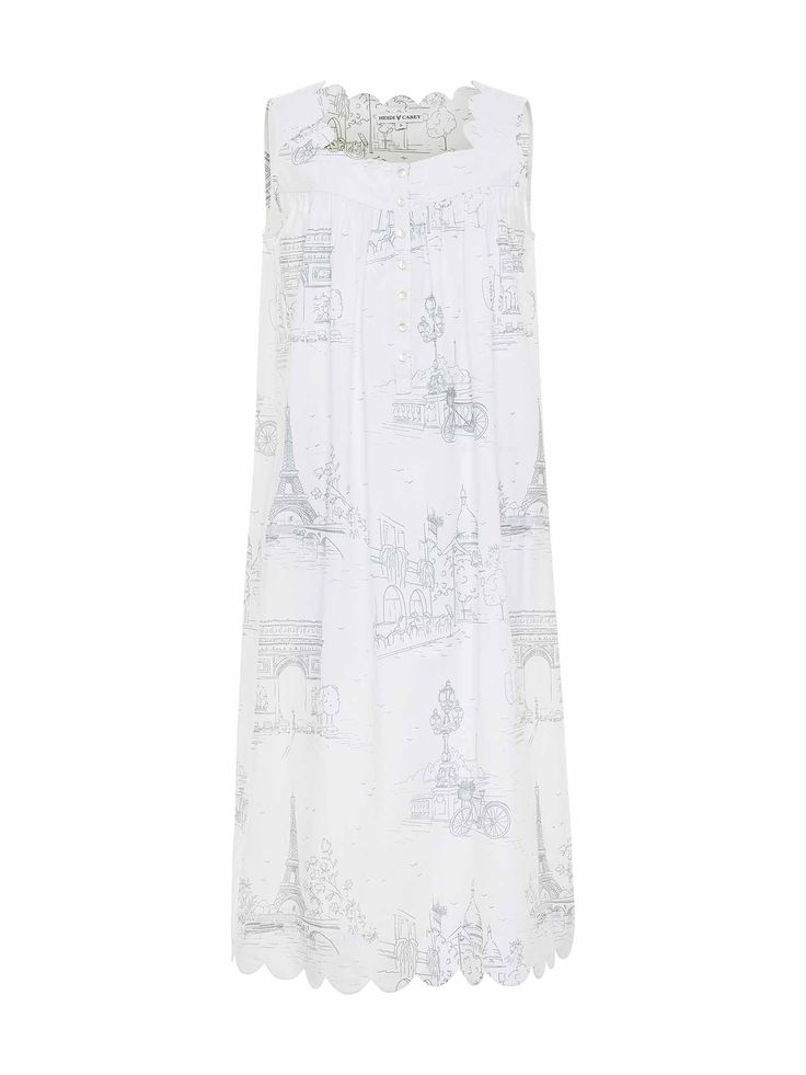 Forget pants and slip into the most enchanting nightgown. Made from soft, breathable cotton, this paris print nightgown’s loose fit offers you unrestricted movement, making it easy to put on and take off. The wide straps provide extra support (and no accidental peek-a-boos), while the flowing design and feminine details, such as a scalloped trim and mother-of-pearl buttons, add a romantic touch. Handcrafted by skilled artisans, this nightgown combines true artistry and quality with timeless styl Summer Sleeveless Nightgown, Printed Summer Nightgown For Sleep, White Printed Dresses For Loungewear, Sleeveless Printed Sleepwear, Spring Sleeveless Nightgown, Spring Sleeveless Nightgown For Overnight, Feminine Details, Paris Print, The Olympics