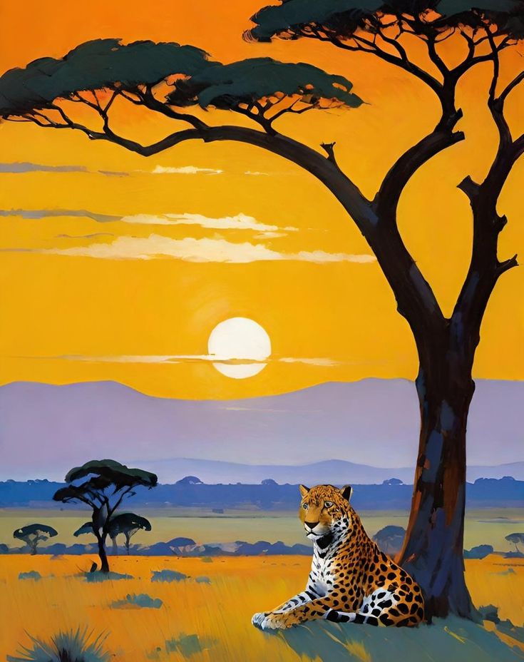 a painting of a cheetah sitting under a tree in the savannah at sunset