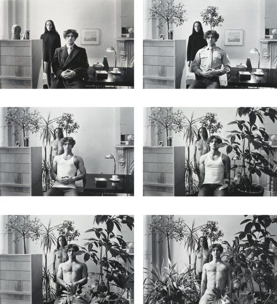 four black and white photographs of people in an office with potted plants on the desk