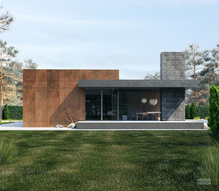 a rendering of a modern house in the middle of a grassy area with trees and bushes