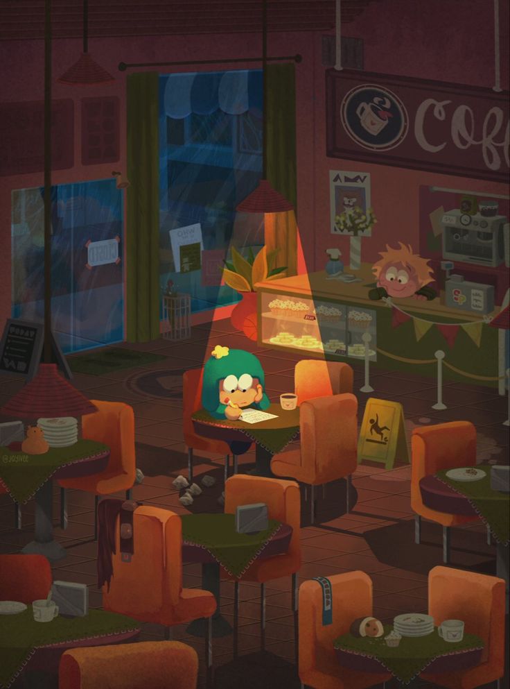 a cartoon character sitting at a table in a restaurant