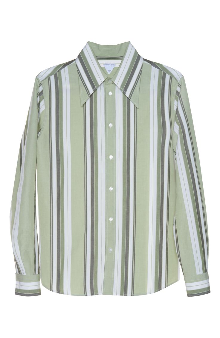 Tonal topstitching inscribes the brand's 'V' at the back yoke of this striped button-up cut from a richly-textured cotton and linen blend. 29" length; 46" chest (size 48EU) Front button closure Point collar Long sleeves with button cuffs Curved hem 69% cotton, 31% linen Dry clean Made in Italy Designer Clothing Classic Top With Striped Collar For Daywear, Fitted Tops With Striped Collar For Daywear, Classic Collared Shirt With Signature Stripes, Classic Fitted Tops With Signature Stripes, Classic Workwear Tops With Signature Stripes, Classic Tops With Signature Stripes For Work, Collared Tops With Signature Stripes For Work, Classic Contrast Striped Tops For Work, Classic Striped Tops For Daywear