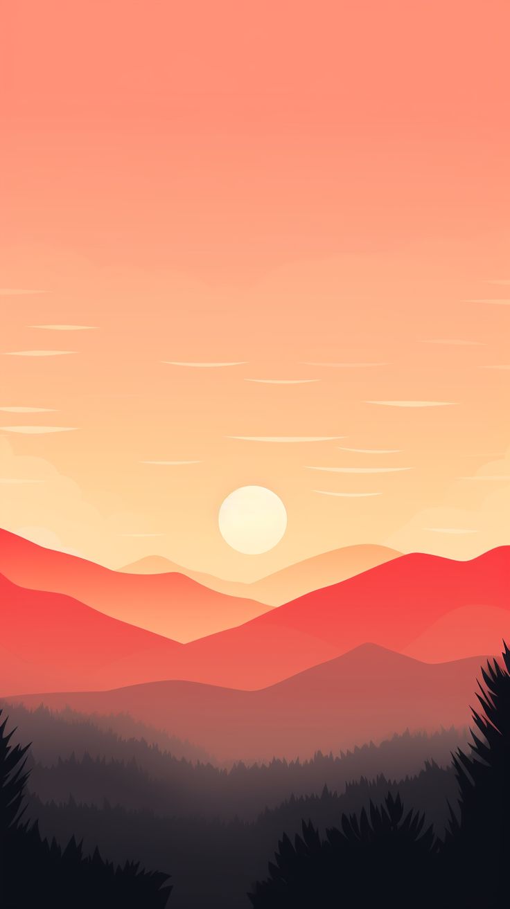 the sun is setting over mountains with trees on each side and hills in the distance