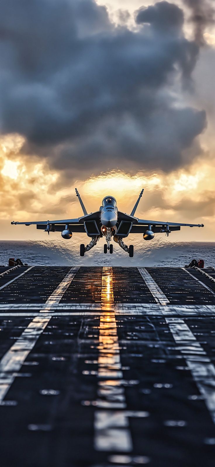 an airplane taking off from the flight deck of an aircraft carrier in the middle of the ocean