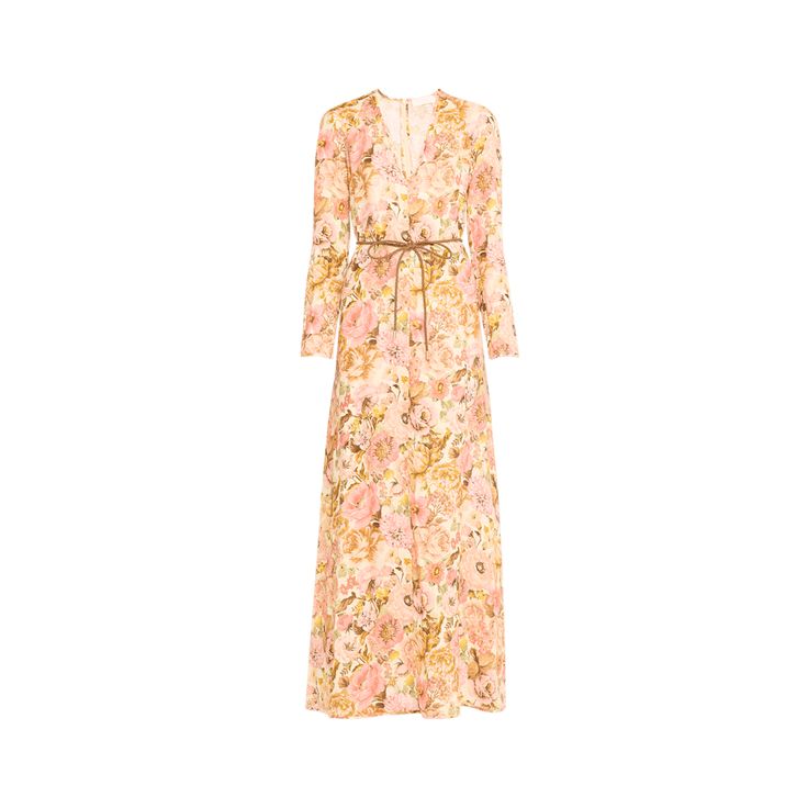 Zimmermann "Golden" floral linen maxi dress featuring a belted waist  V neckline Long sleeves  A-line silhouette Full length Slipover style Linen Dry clean Imported Plunge Maxi Dress, Linen Maxi Dress, Bergdorf Goodman, Full Length, Tops Designs, A Line, Dry Clean, Long Sleeves, Maxi Dress