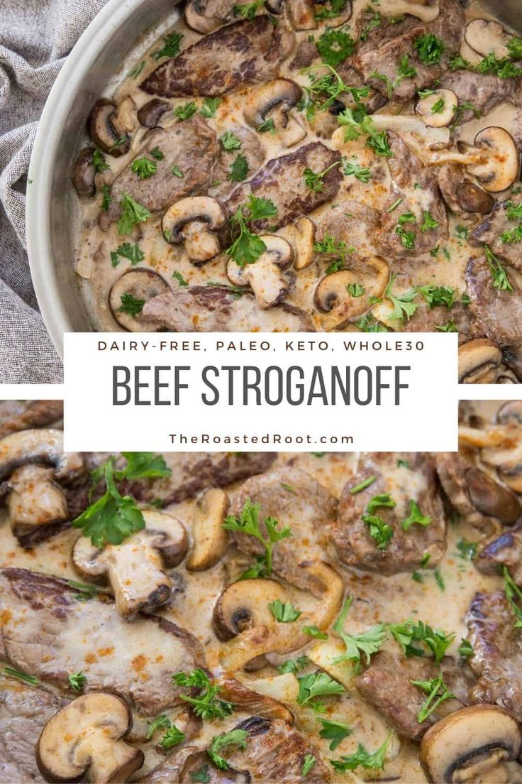 a dish with beef, mushrooms and parsley in a creamy broth sauce that is ready to be eaten