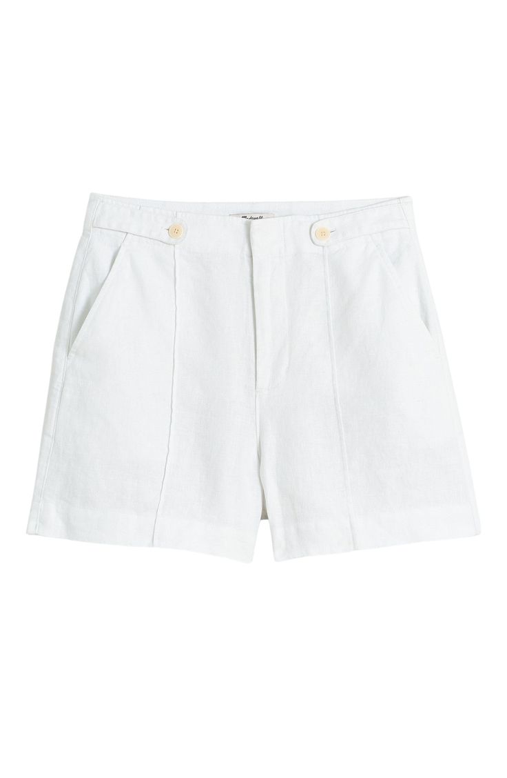 Crafted of lightweight linen canvas, these high-rise shorts have a clean, pintucked front, pockets and button-tabs at the waist. 4" inseam; 28" leg opening; 13 1/2" front rise; 17 1/2" back rise (size 8) Zip fly with hook-and-bar closure; adjustable button tabs Front slant pockets 100% linen Machine wash, tumble dry Imported Linen Canvas, High Rise Shorts, Madewell, High Rise, Size 10, Nordstrom, Bar, Canvas, White