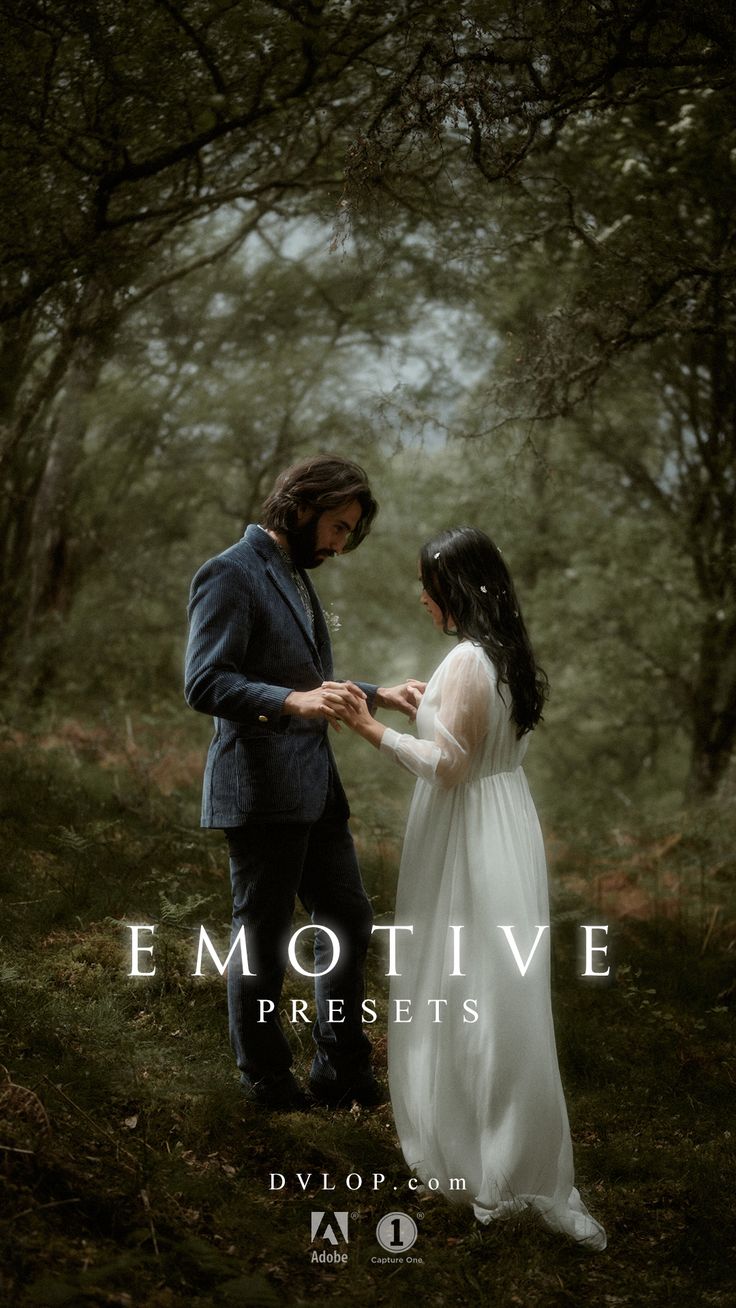 a man and woman standing next to each other in the woods with words emotive presets above them