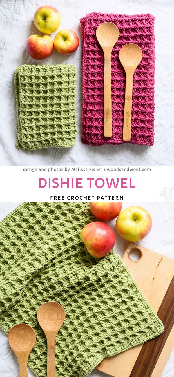 crocheted dishcloths with wooden spoons and apples next to each other