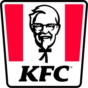 the kfc logo is shown in red and white with a man's face on it