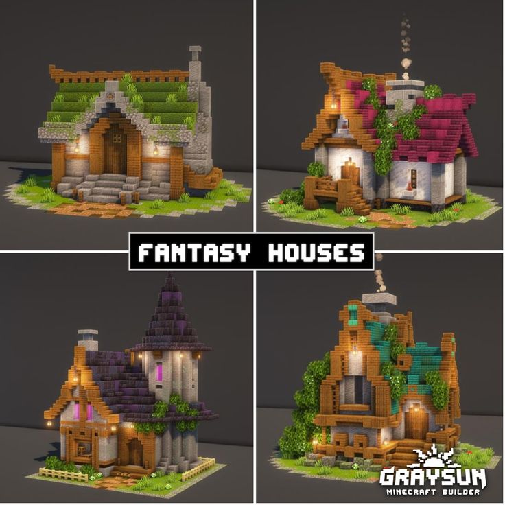 four different views of a house made out of lego blocks with text that reads fantasy houses