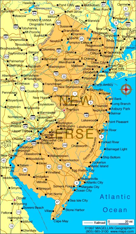 a map of new jersey with all the towns and major roads in each country's capital