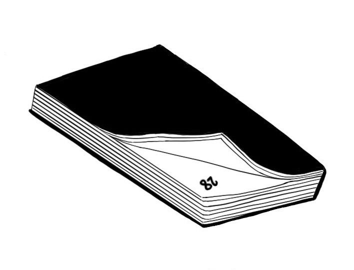 a black and white drawing of a book with the pages folded down on top of each other