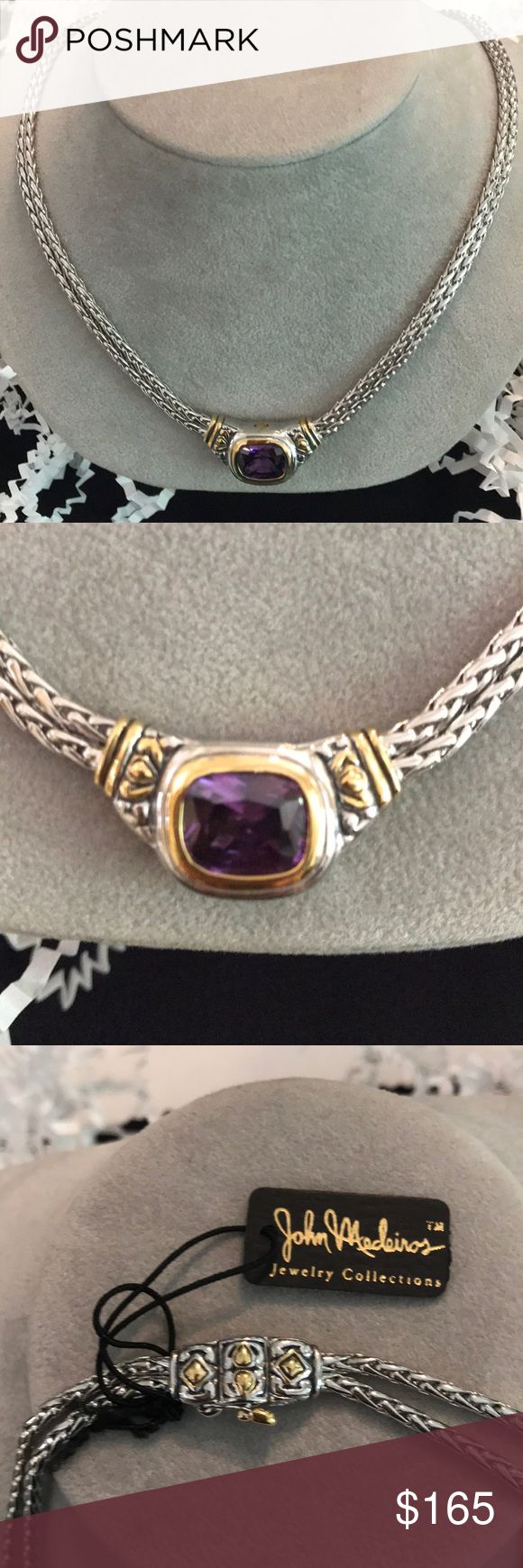 John Medeiros Necklace with amethyst  stone. Beautiful amethyst stone set in silver with gold accent necklace. Retails for $195.00.Yours for $165.00. Sold by an independent Jeweler in business for 21 years. John Medeiros Jewelry Necklaces Elegant Purple Jewelry With Polished Finish, Luxury Amethyst Jewel Necklaces, Luxury Amethyst Jewel Necklace, Luxury Amethyst Necklace With Jewels, Luxury Silver Necklaces With Gemstone Accents, Luxury Amethyst Necklace With Gemstone Accents, Luxury Silver Necklace With Gemstone Accents, Luxury Purple Jeweled Jewelry, Luxury Purple Necklaces For Anniversary