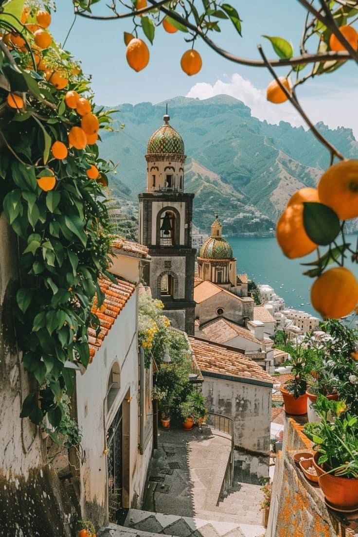 an orange tree is growing on the side of a building near some buildings and water