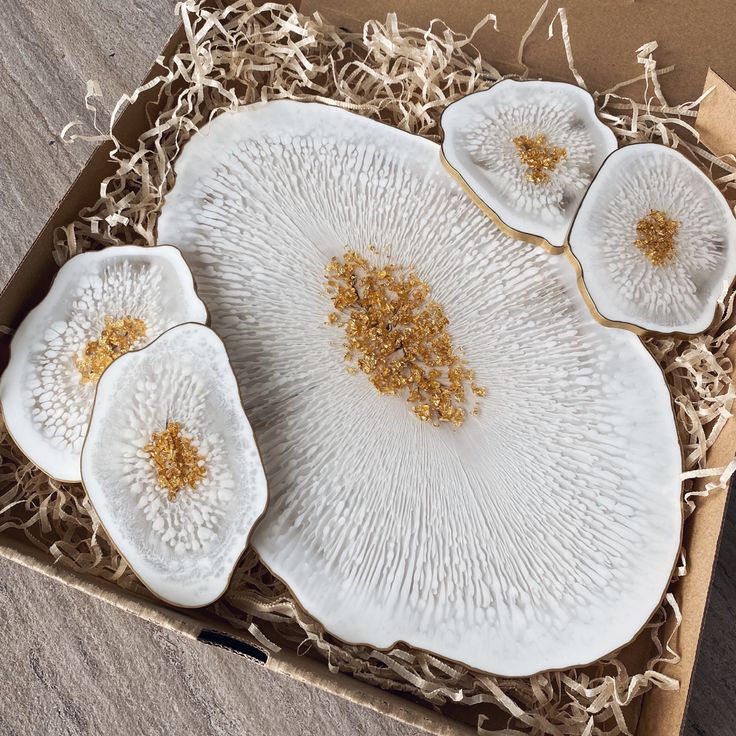 three large white plates in a box on the floor