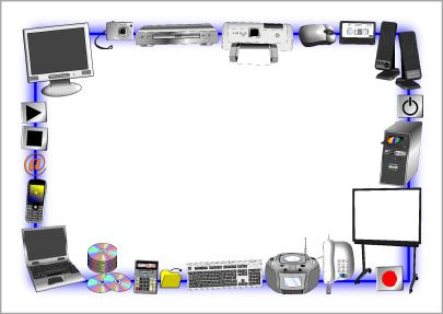 a computer and other electronic devices are arranged in a rectangle